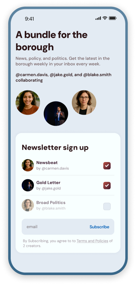 Phone showing a collaboration landing page with newsletter signup
